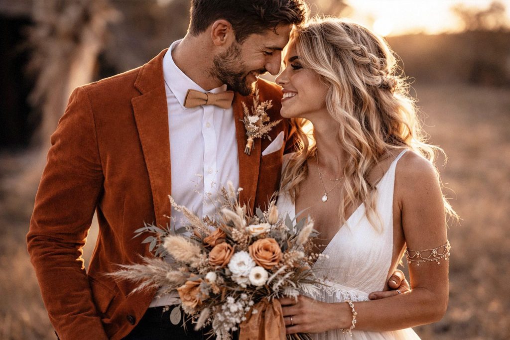 boho hochzeit brautpaar trockenblumen