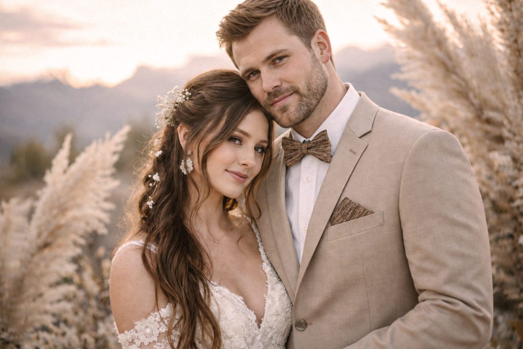 Fliegen in Braun & Orange boho hochzeit brautpaar beiger anzug korkfliege