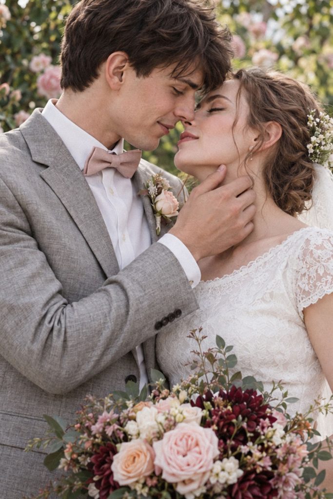hochzeitsfliege dust pink hellgrau anzug gartenhochzeit