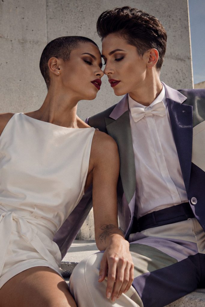 hochzeitsfliege weiss lila anzug lesbische hochzeit modern