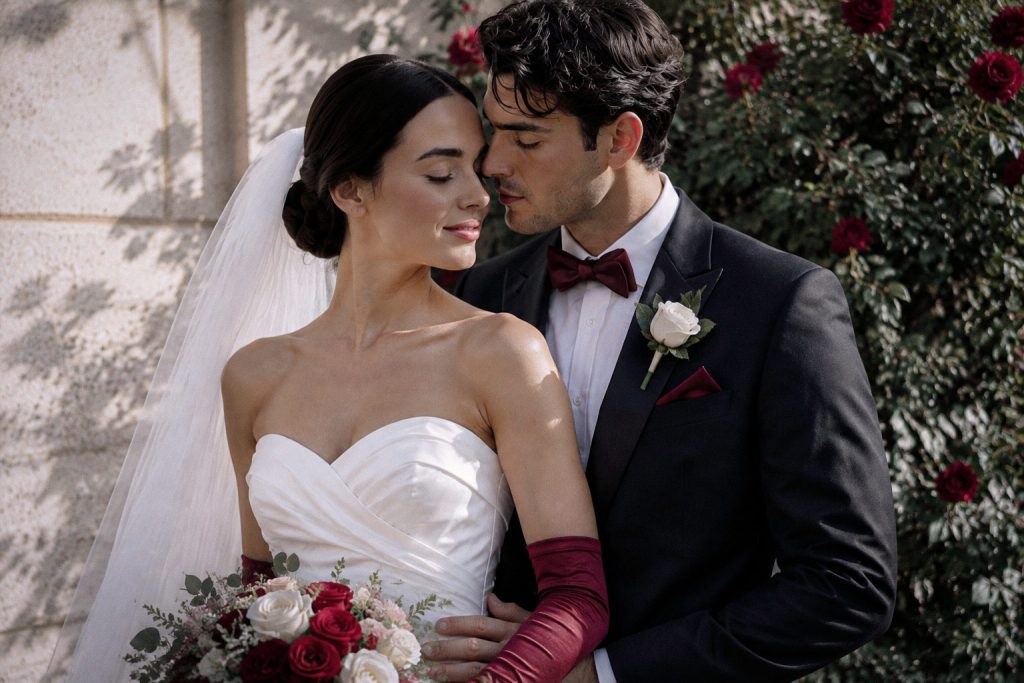 klassische hochzeit brautpaar bordeaux fliege