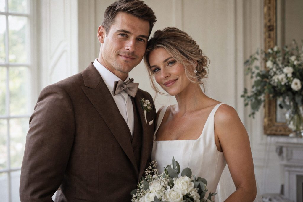 klassische hochzeit brautpaar romantisch anzug braun fliege