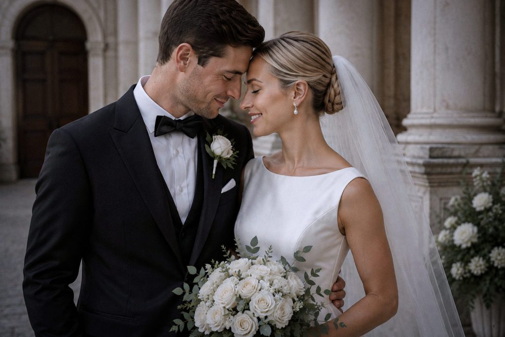 klassische hochzeit brautpaar schwarze fliege