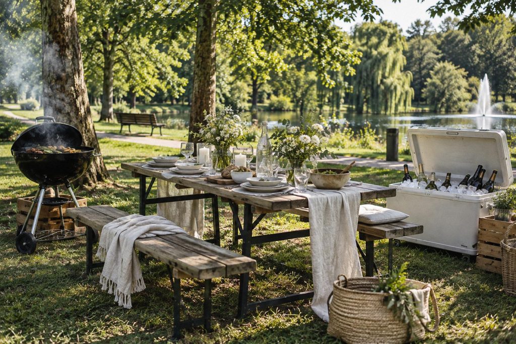 kleine hochzeit park outdoor bbq konzept