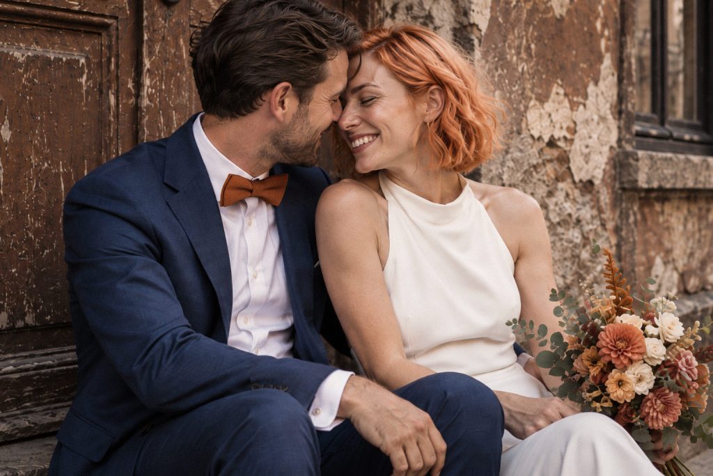 Fliegen in Braun & Orange urban hochzeit brautpaar blauer anzug orange fliege
